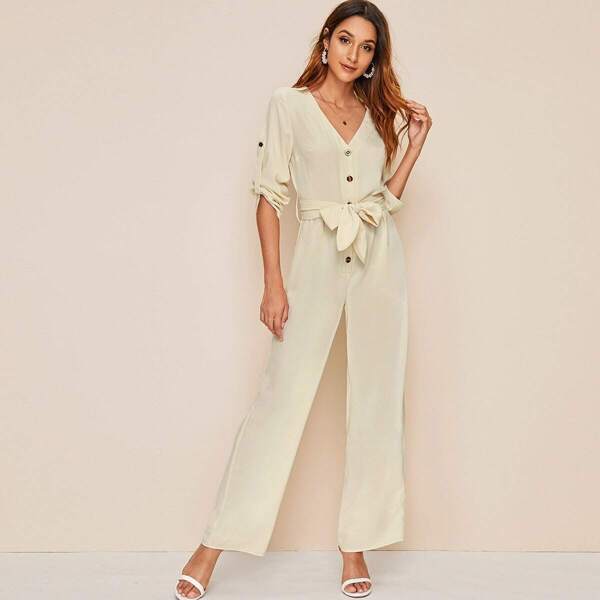 

Button Front Tab Sleeve Belted Jumpsuit, Beige pastel