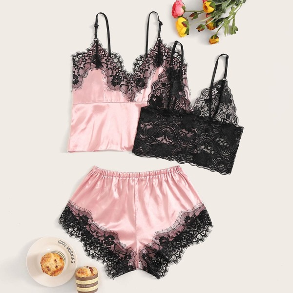 

Eyelash Floral Lace Satin Lingerie Set 3pack