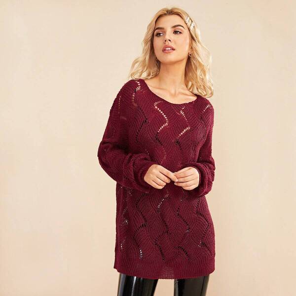 

Solid Loose Knit Longline Sweater Without Bra