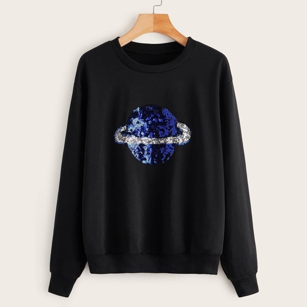 Contrast Sequin Pullover, Black