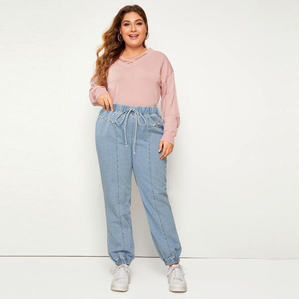 

Plus Beaded Drawstring Waist Jeans