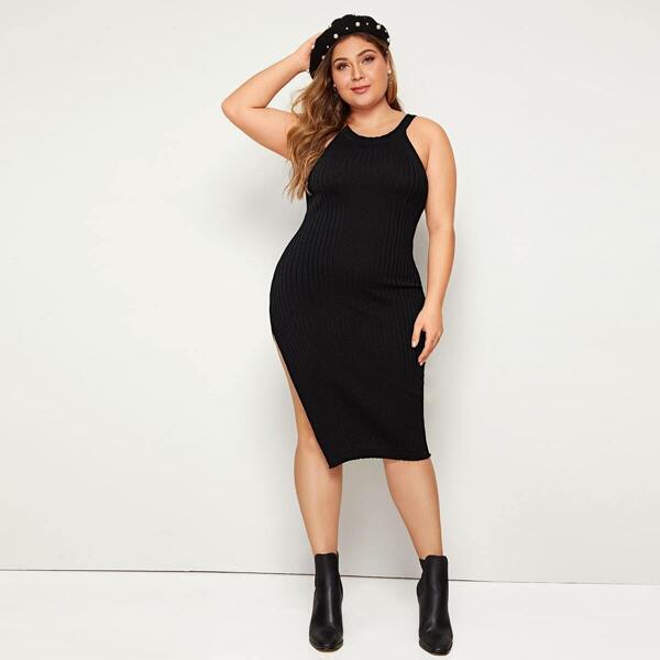 

Plus Rib Knit Split Thigh Sweater Dress, Black