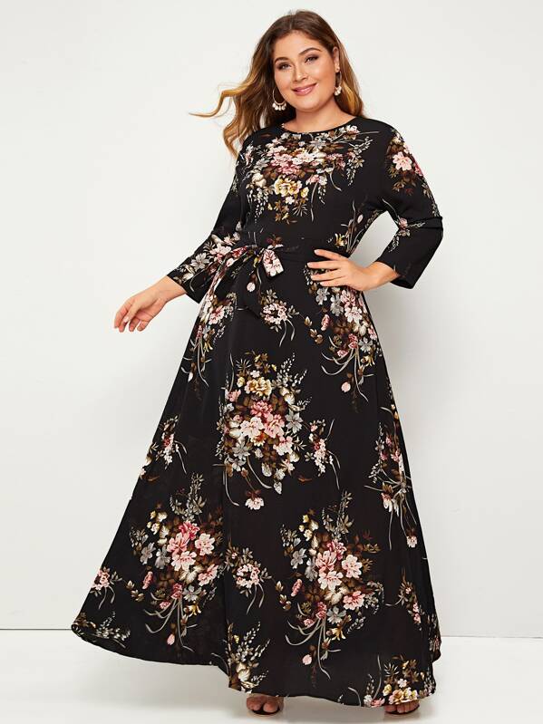 

Plus Floral Print Belted Maxi Dress, Multicolor, Carol