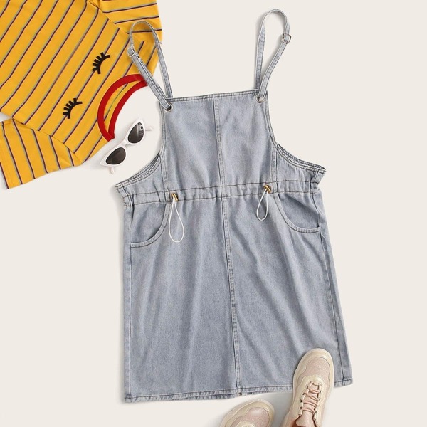 

Plus Split Back Drawstring Waist Denim Dress, Blue