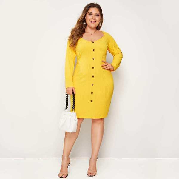 

Plus Button Detail V Neck Dress, Yellow