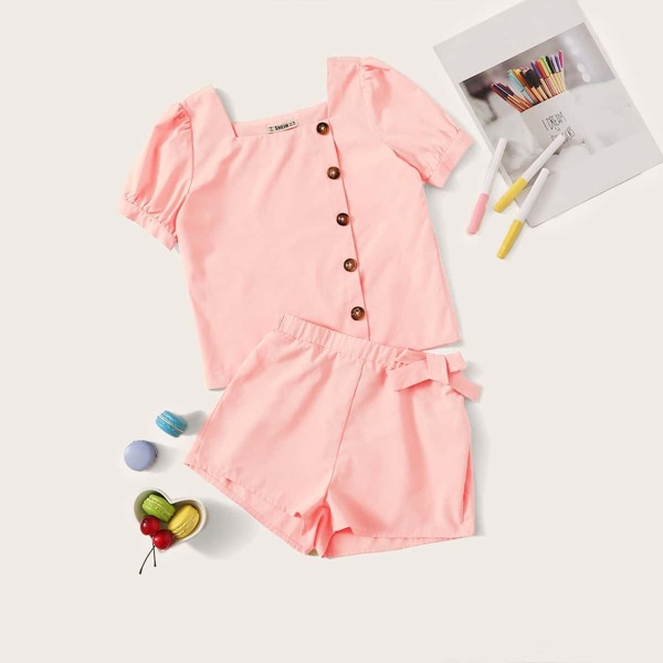 

Girls Button Up Top and Bow Tie Waist Shorts Set, Pink
