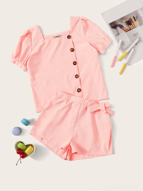 

Girls Button Up Top and Bow Tie Waist Shorts Set, Pink
