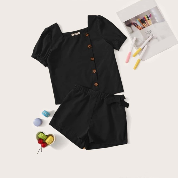 

Girls Button Front Top & Knot Shorts Set, Black