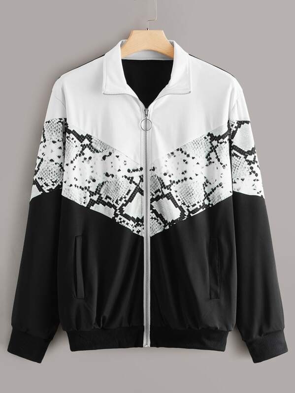 

Plus Snakeskin Print Zip Up Jacket, Black and white
