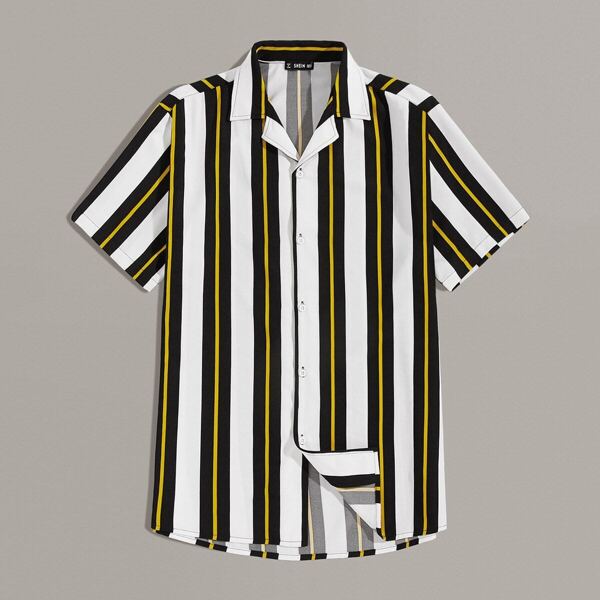 

Men Notched Collar Striped Shirt, Multicolor