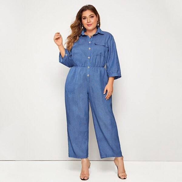 

Plus Button Detail Flap Pocket Denim Overall, Blue