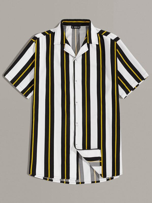

Men Notched Collar Striped Shirt, Multicolor