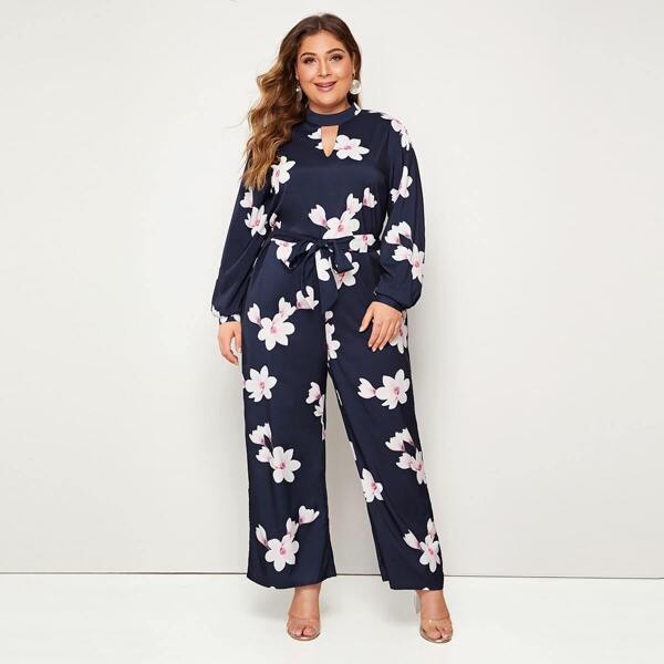 

Plus Floral Peekaboo Belted Jumpsuit, Navy