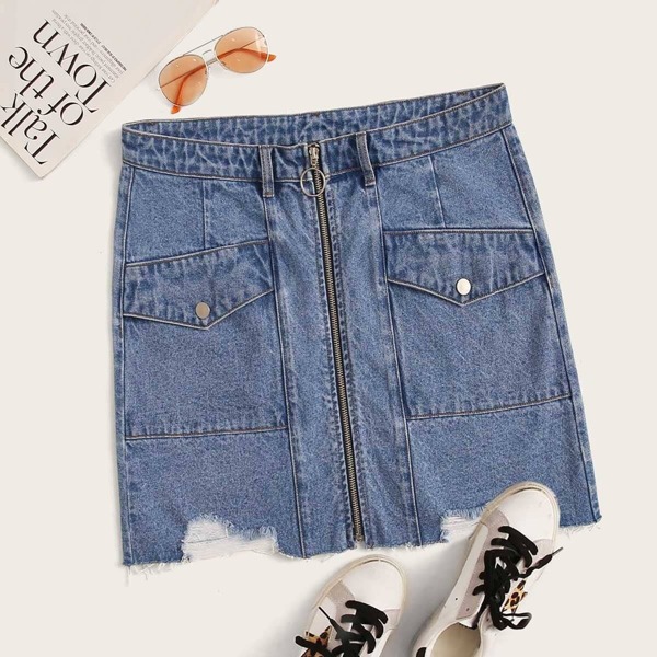 

Plus Zip Through Raw Hem Denim Skirt