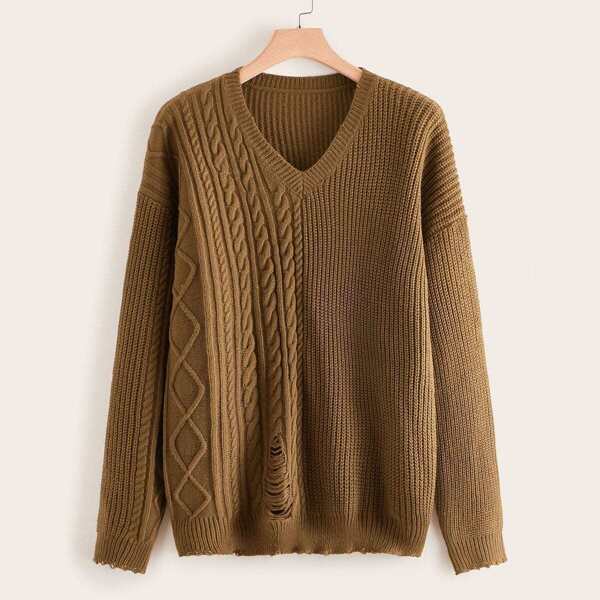 

Plus Ripped Frayed Hem Sweater, Brown