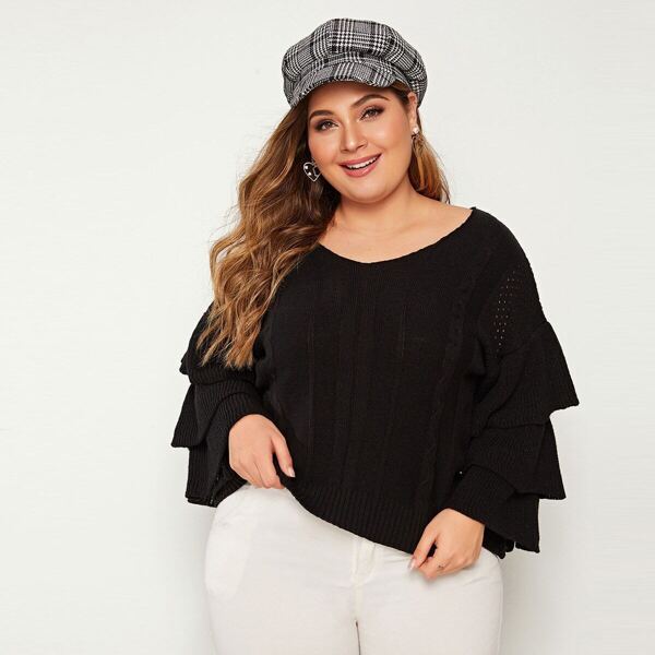 

Plus Solid Layered Sleeve Sweater, Black