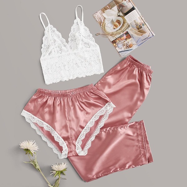 

Floral Lace Bralette With Satin Shorts & Pants