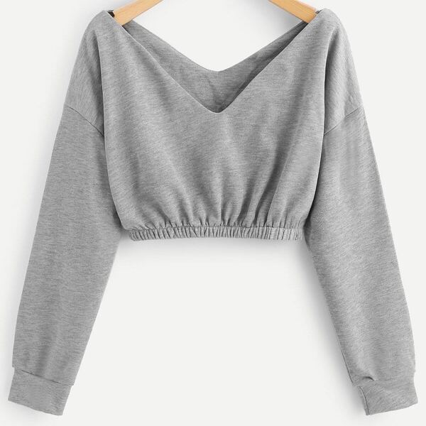 

Plus V Neck Elastic Hem Sweatshirt, Grey