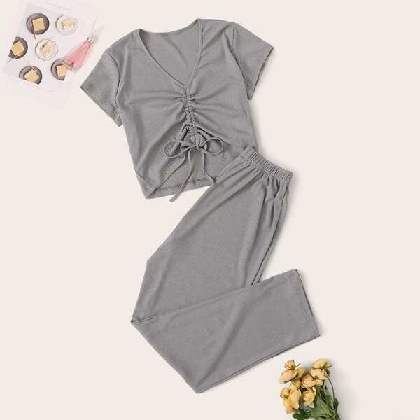 

Drawstring Ruched Detail Rib Pajama Set