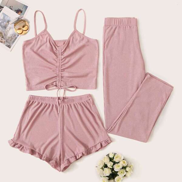 

Drawstring Ruched Detail Cami PJ Set With Pants