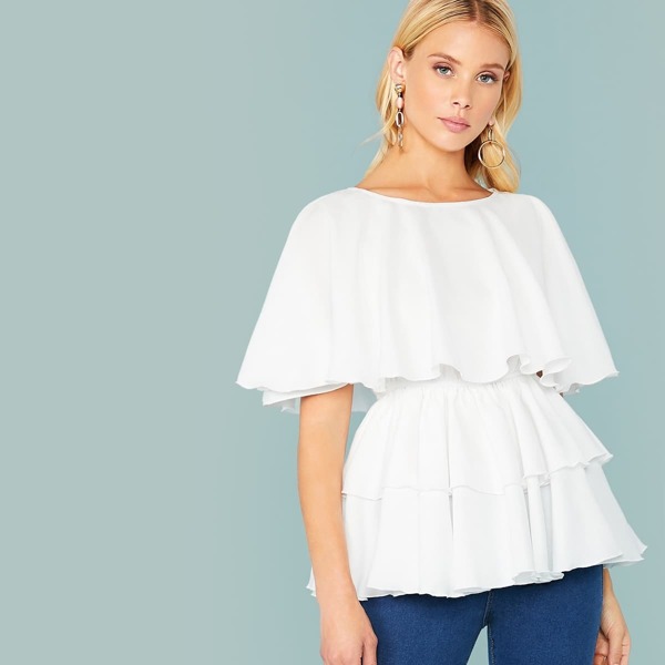 

Solid Foldover Front Layered Hem Top, White