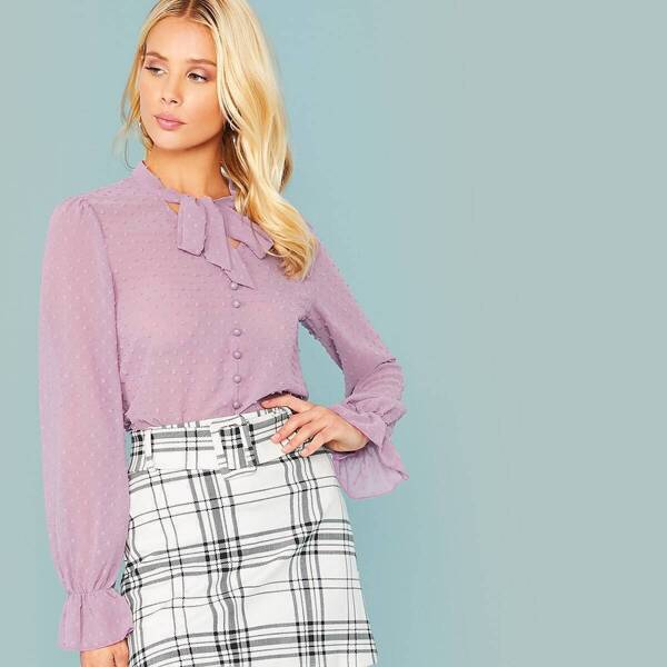 

Tie Neck Button Front Jacquard Blouse, Purple pastel