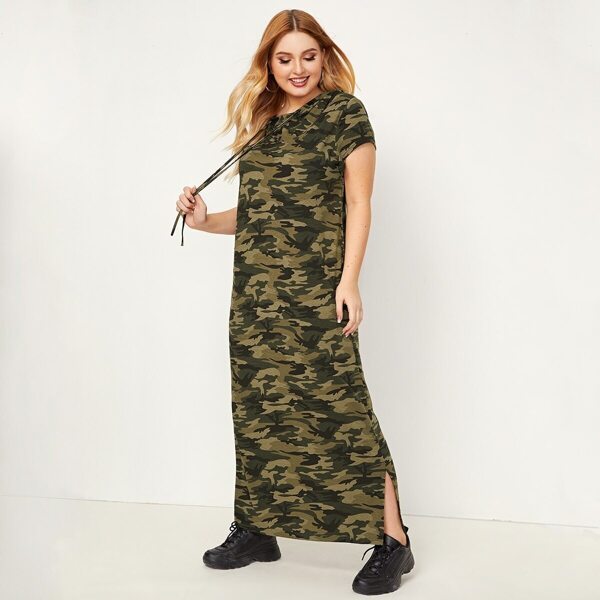 

Plus Split Hem Camo Print Drawstring Hooded Dress, Multicolor
