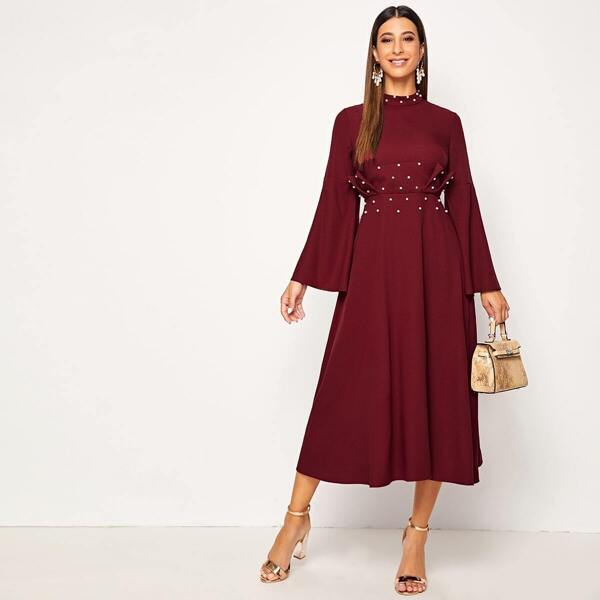 

Pearls Beaded Bell Sleeve Pleated Detail Dress, Burgundy