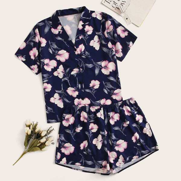 

Plus Floral Short Sleeve Pajama Set, Multicolor