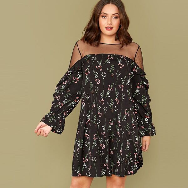 Plus Mesh Yoke Ruffle Trim Ditsy Floral Print Dress, Black