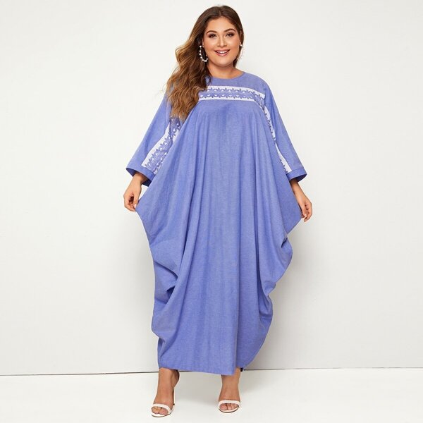 

Plus Guipure Lace Trim Draped Cocoon Dress, Blue