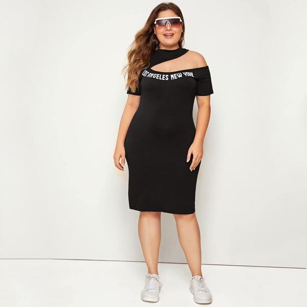 

Plus Asymmetrical Neck Slogan Graphic Pencil Dress, Black