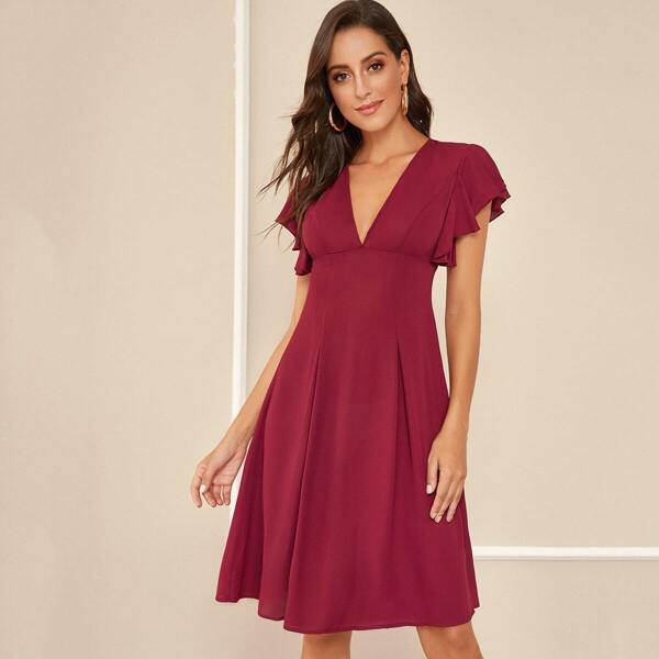 

Plunging Butterfly Sleeve Solid Dress, Burgundy