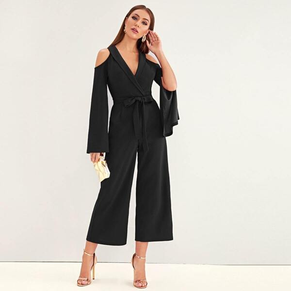 

Cold Shoulder Split Sleeve Belted Wide Leg Jumpsuit, Black