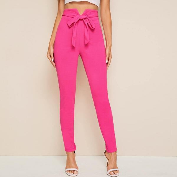 

V-cut Waist Tie Front Solid Pants, Pink bright