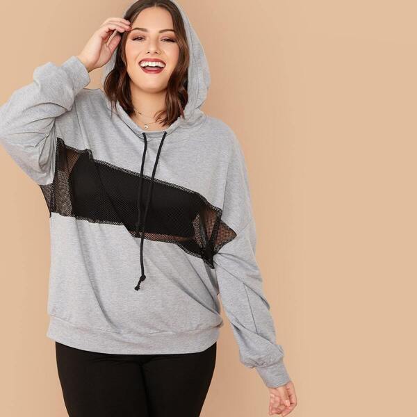 

Plus Drop Shoulder Mesh Insert Drawstring Hoodie