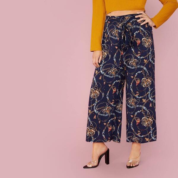 Plus Tie Front Chain Print Wide Leg Pants, Navy