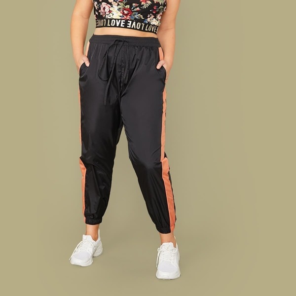 

Plus Drawstring Waist Striped Side Windbreaker Pants, Black