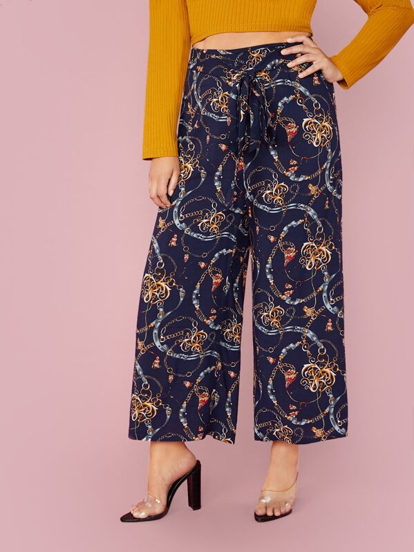 

Plus Tie Front Chain Print Wide Leg Pants, Navy, Marcelle Pallais