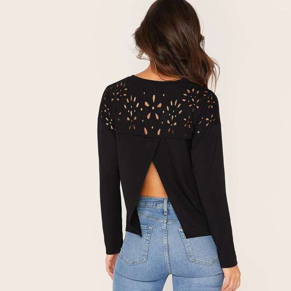 

Drop Shoulder Split Back Laser Cut Top
