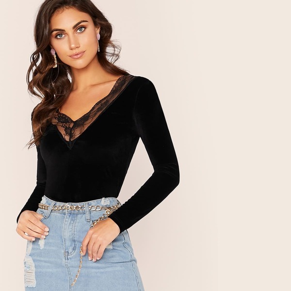 

Lace Trim Velvet Top, Black