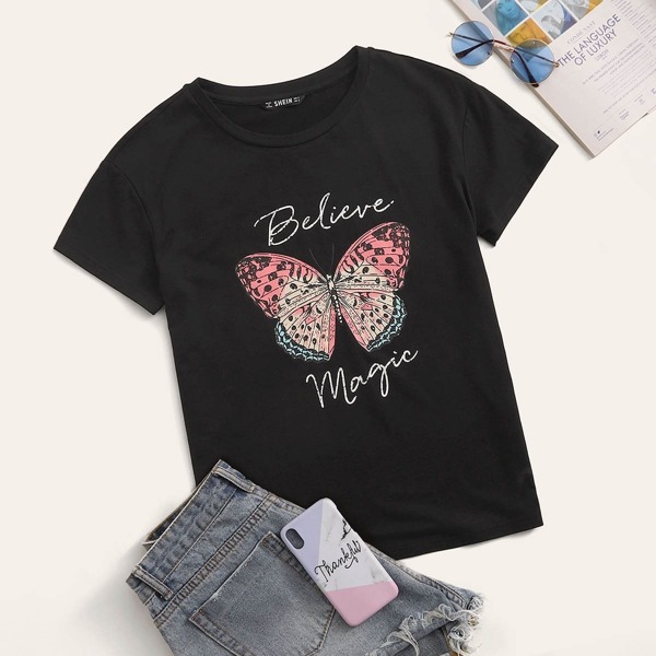

Letter & Butterfly Print Tee, Black