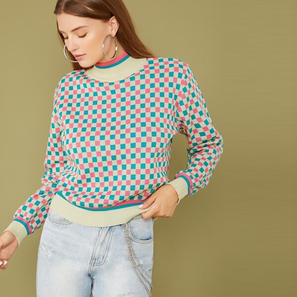 

Mock-Neck Colorblock Check Sweater, Multicolor