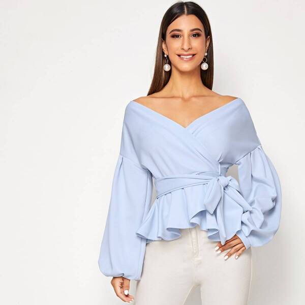 

Surplice Wrap Belted Lantern Sleeve Top, Blue pastel