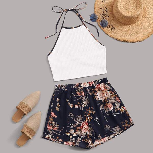 

Rib-knit Ringer Halter Top & Floral Print Shorts Set, Multicolor