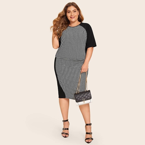 

Plus Raglan Sleeve Houndstooth Top & Pencil Skirt Set
