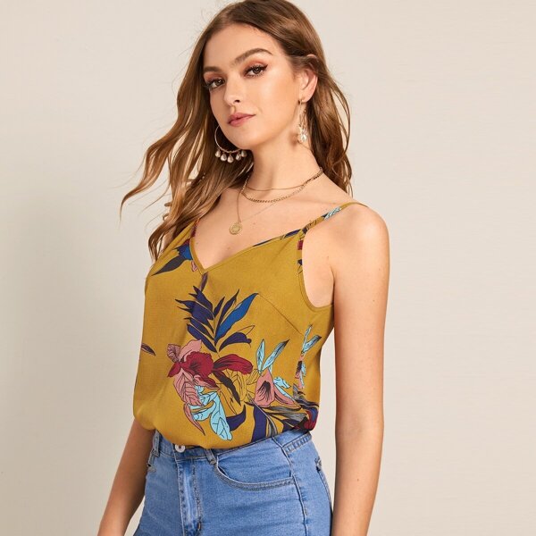 

Double V Neckline Botanical Print Cami Top, Yellow