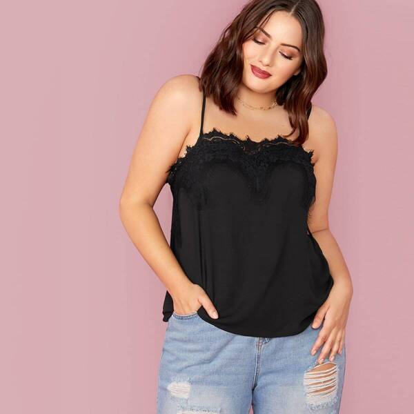 

Plus Eyelash Lace Trim Cami Top, Black