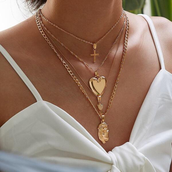 

Cross & Heart Shaped Charm Layered Chain Necklace 1pc