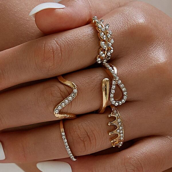 

Wave & Leaf Shaped Ring Set 5pcs, Gold